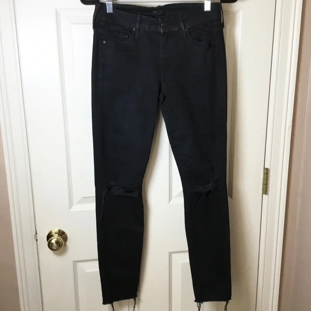MOTHER Looker Ankle Fray Black Distressed Skinny Jeans - 26
